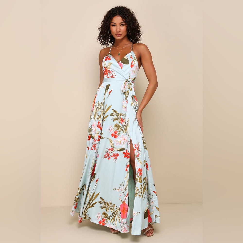Lulus Still the One Sage Green Floral Print Satin Maxi Dress